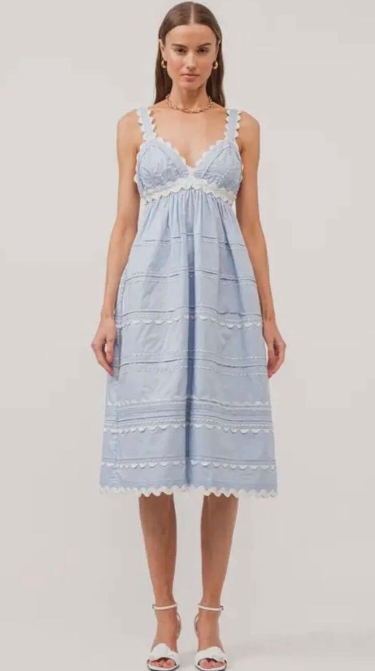 NWT Sofie The Label Jeanie Midi Dress Women's M Babydoll Tiered Cottage Blue